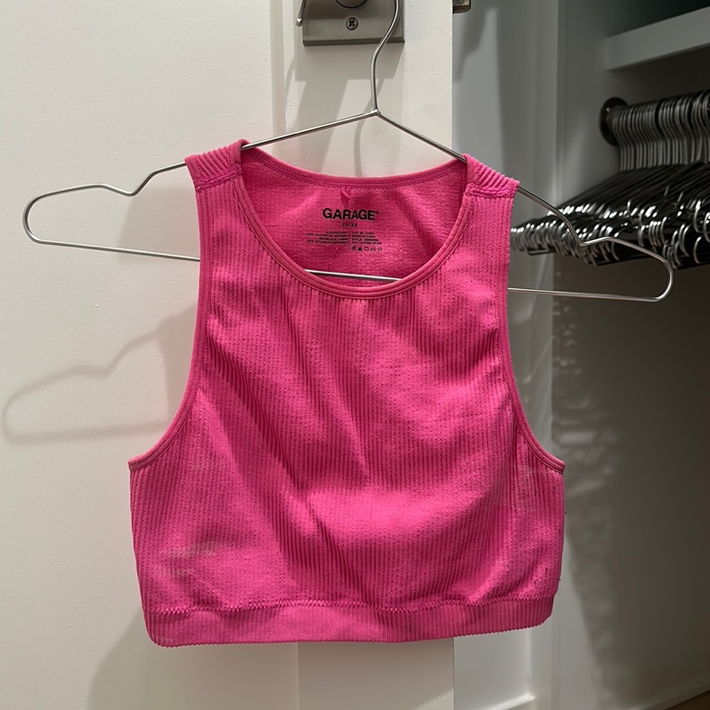 Neon pink garage cropped tank top